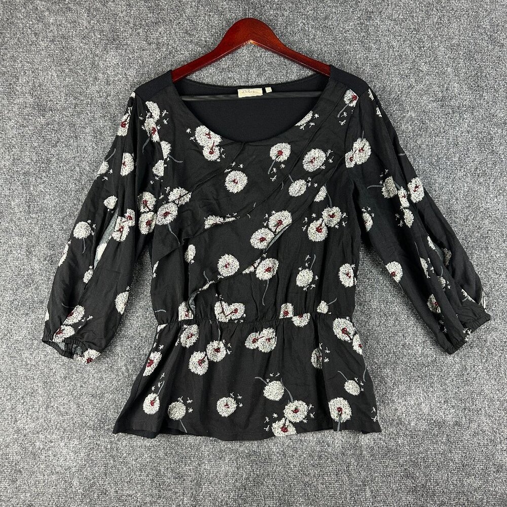 Anthropologie Deletta Top Womens Small Black Floral Faux Wrap Blouse Pullover